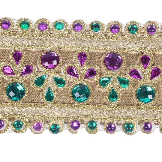Vickerman 2.5" x 5yd. Gold Metallic Wired Ribbon with Purple & Green Mardi Gras Jewels